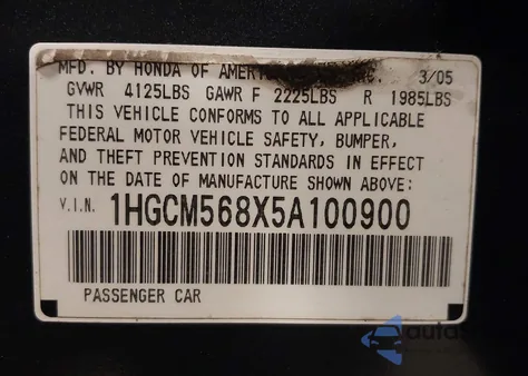 2005 Honda Accord 2.4 Ex из США, поврежденный, VIN 1HGCM568X5A100900